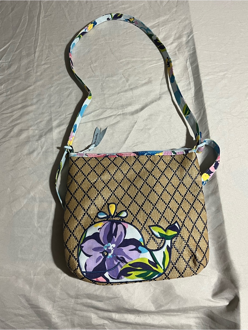 Vera Bradley Beige Crossbody with Purple Floral Whale Applique